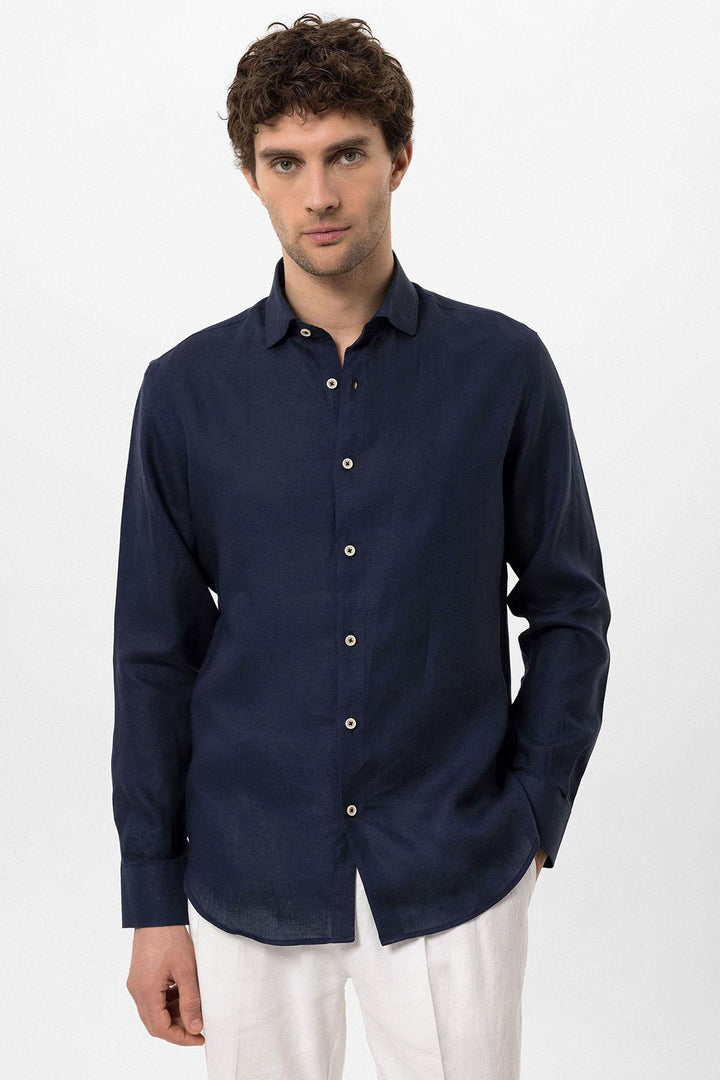 Men's Navy Blue Collar Button Detailed 100% Linen  Shirt - Wessi