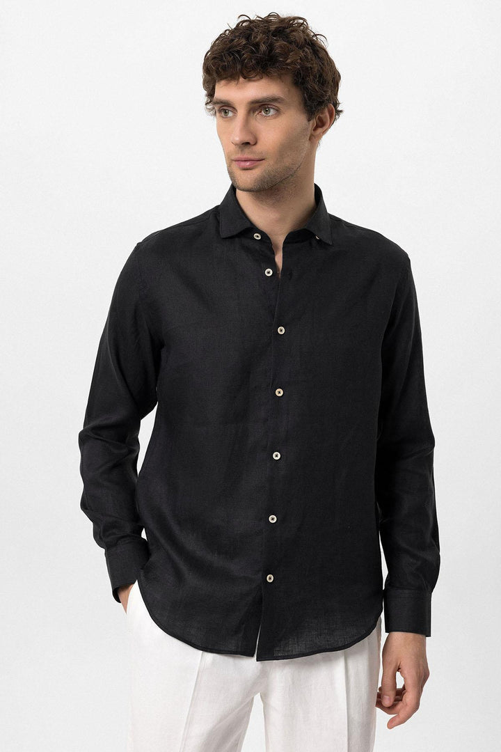 Chemise Homme Noir Col Boutonné 100% Lin - Wessi