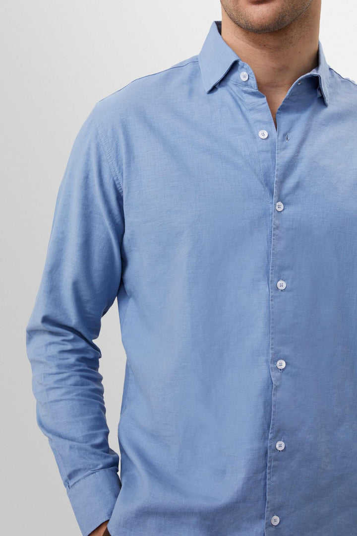 Chemise Homme Bleu Foncé Col Boutonné 100% Lin - Wessi