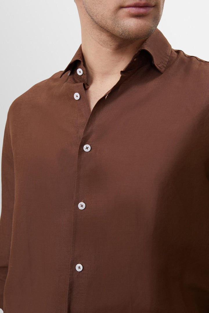 Men's Brown Collar Button Detailed 100% Linen  Shirt - Wessi