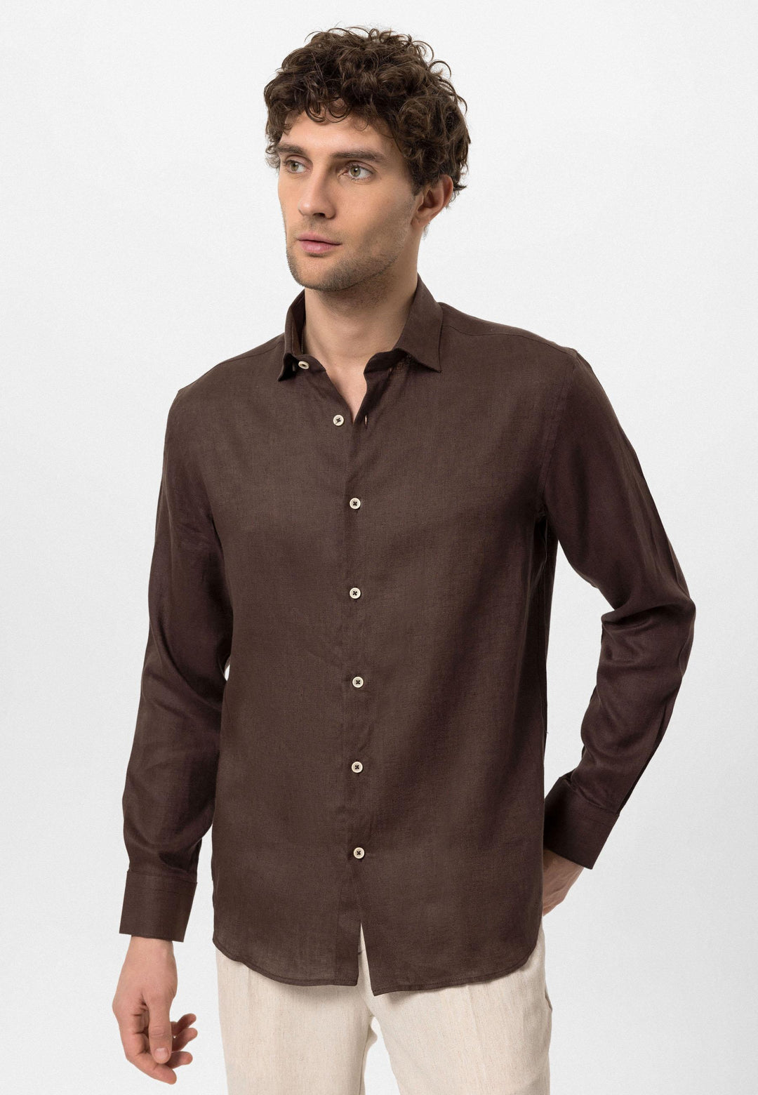 Chemise Homme Marron Foncé Col Boutonné 100% Lin - Wessi