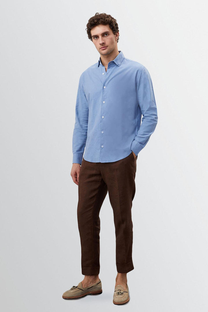 Chemise Homme Bleu Foncé Col Boutonné 100% Lin - Wessi