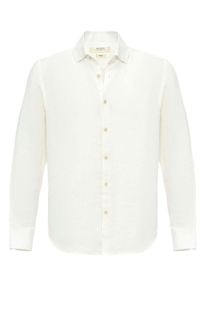 Men's White Collar Button Detail 100% Linen  Shirt - Wessi