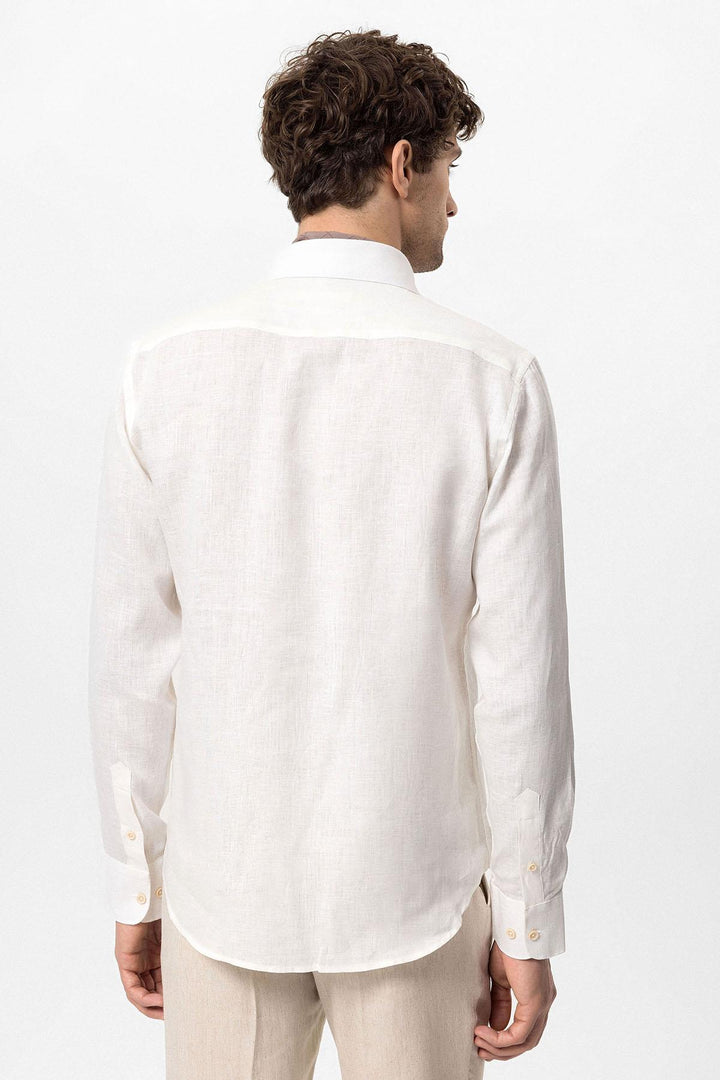 Men's White Collar Button Detail 100% Linen  Shirt - Wessi