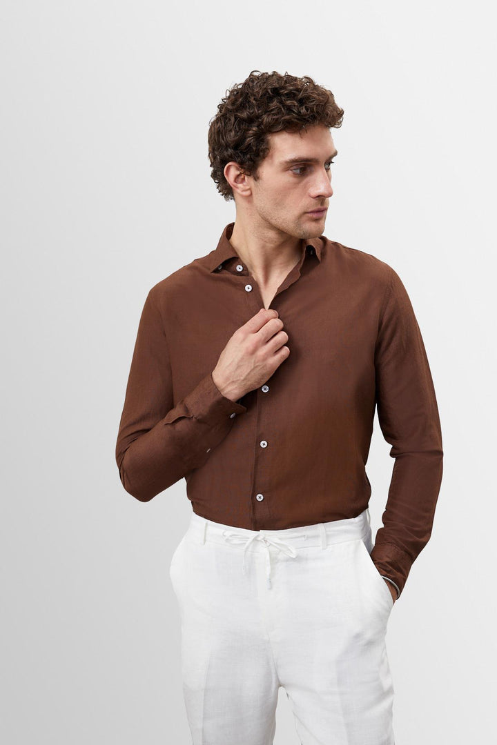 Men's Brown Collar Button Detailed 100% Linen  Shirt - Wessi