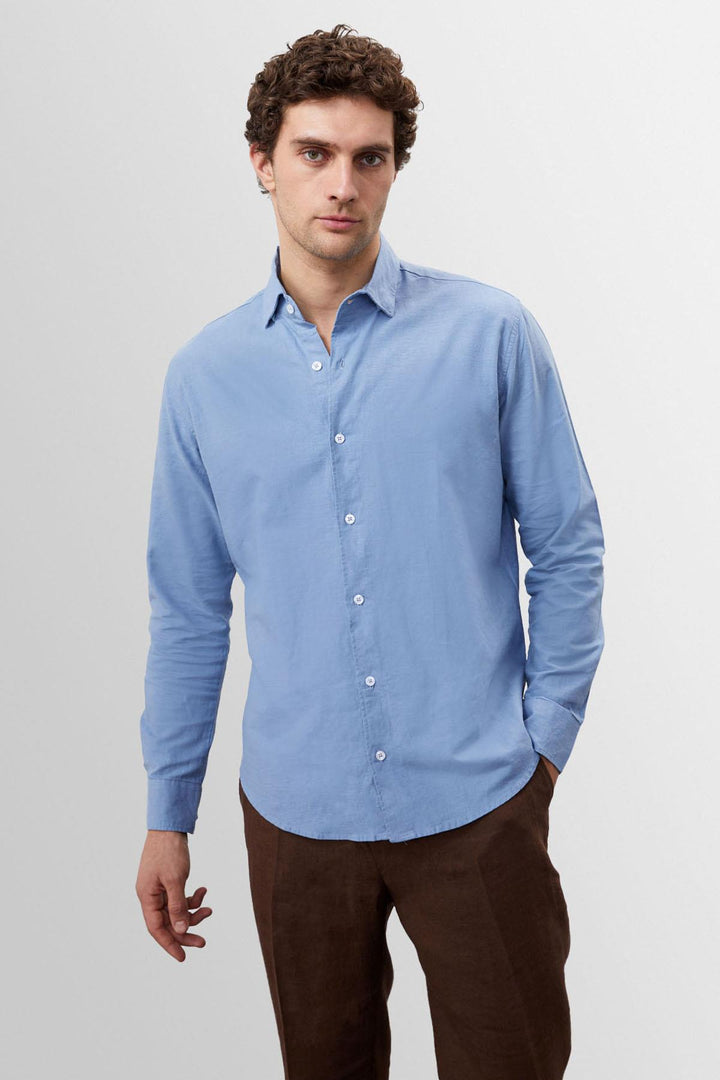 Chemise Homme Bleu Foncé Col Boutonné 100% Lin - Wessi