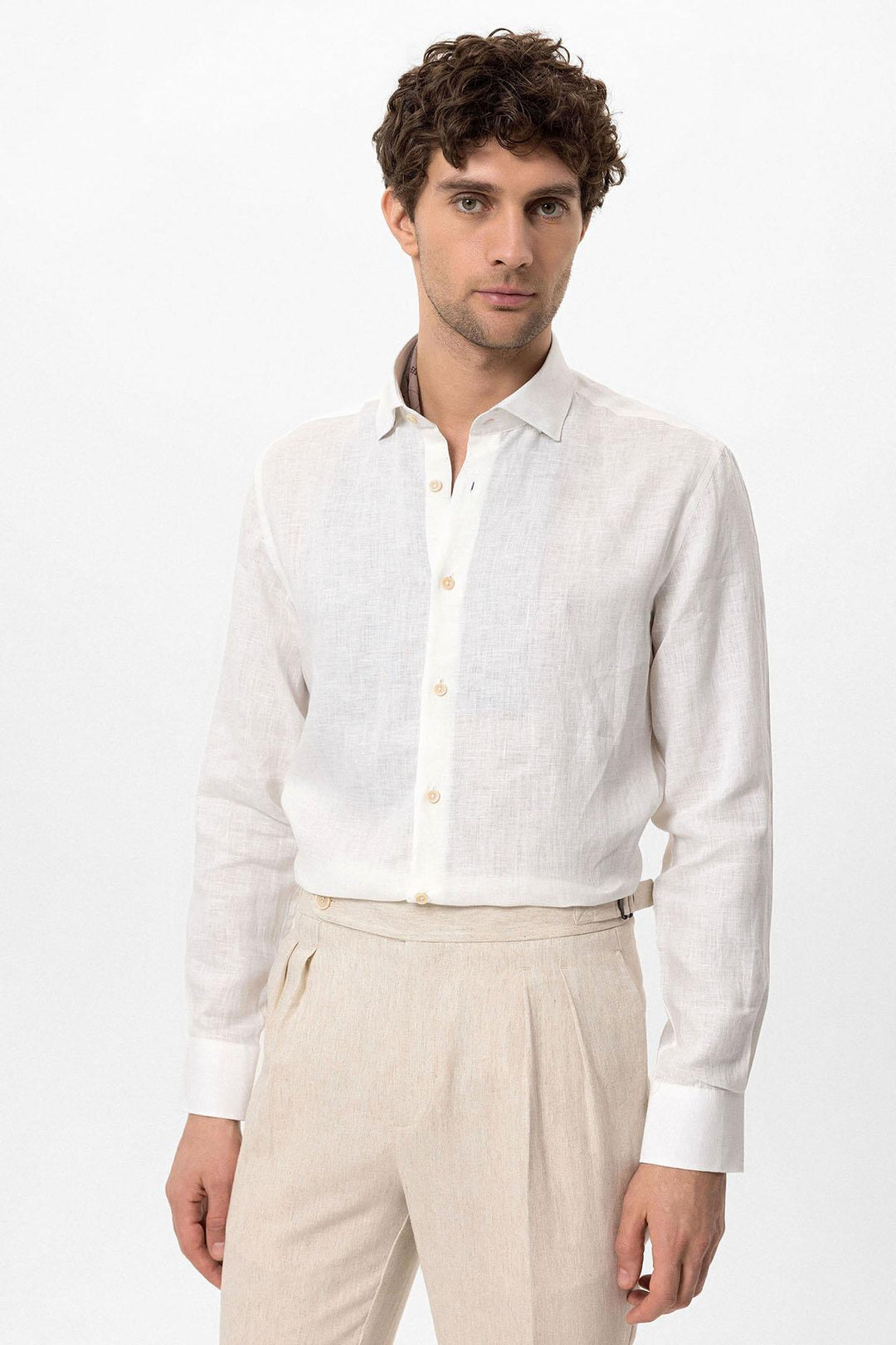 Men's White Collar Button Detail 100% Linen  Shirt - Wessi