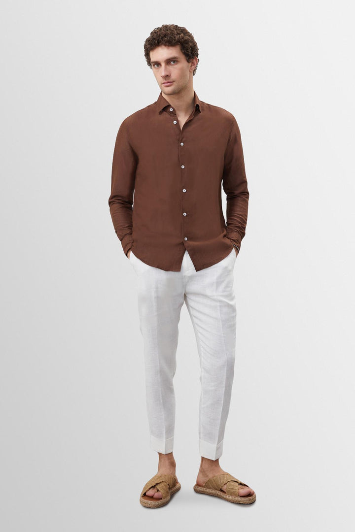 Men's Brown Collar Button Detailed 100% Linen  Shirt - Wessi