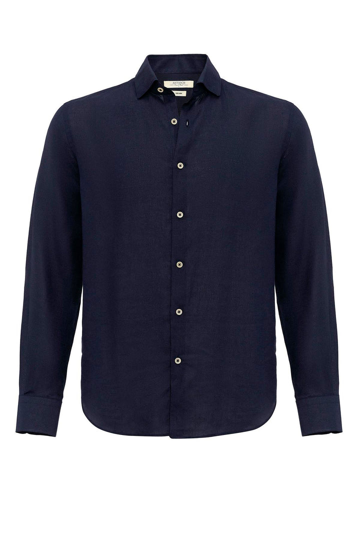 Men's Navy Blue Collar Button Detailed 100% Linen  Shirt - Wessi