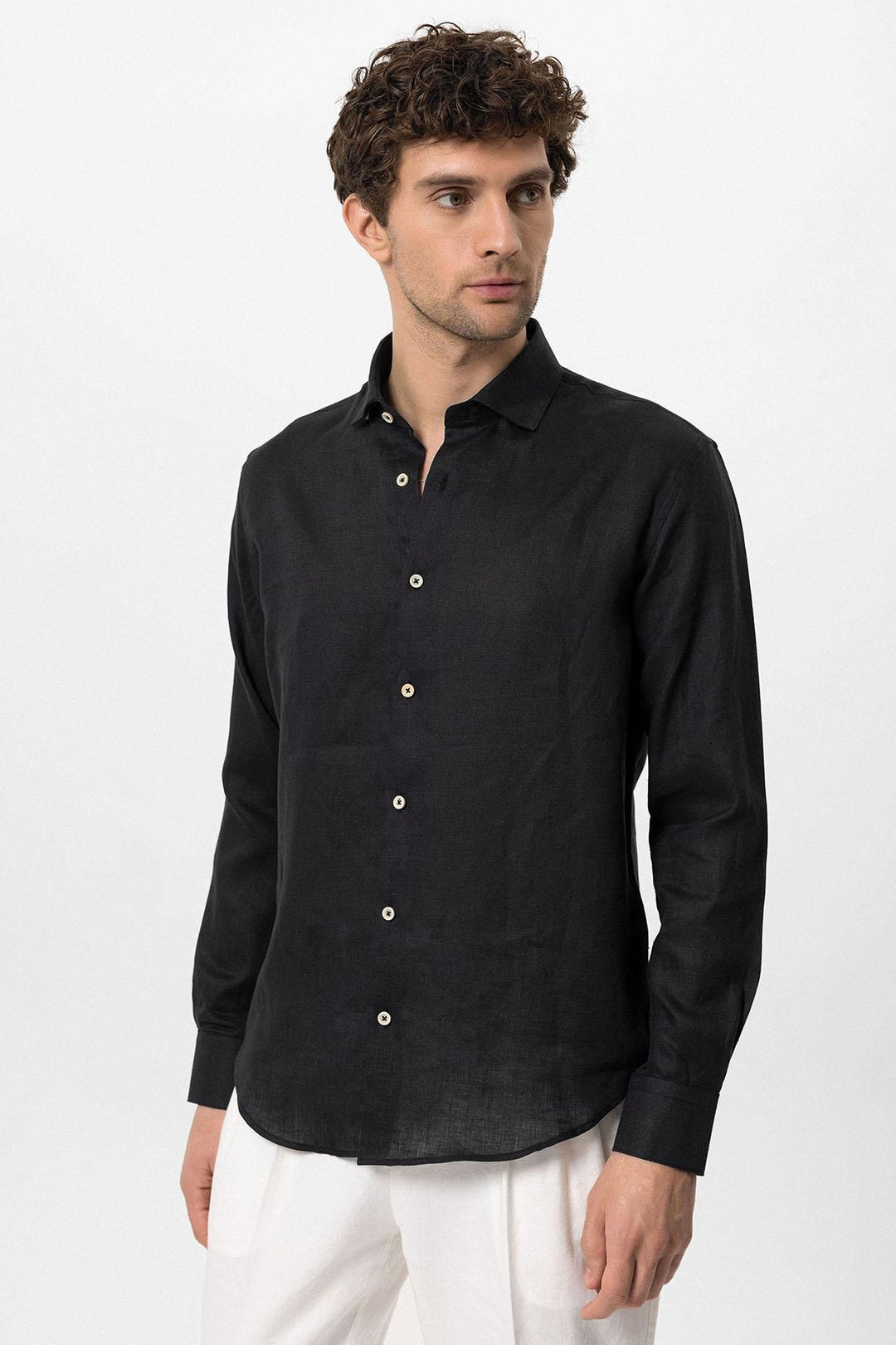 Chemise Homme Noir Col Boutonné 100% Lin - Wessi