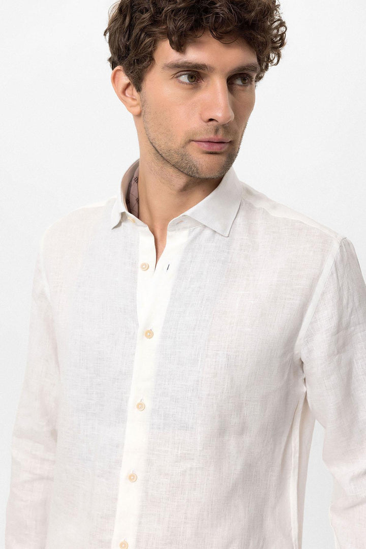 Men's White Collar Button Detail 100% Linen  Shirt - Wessi