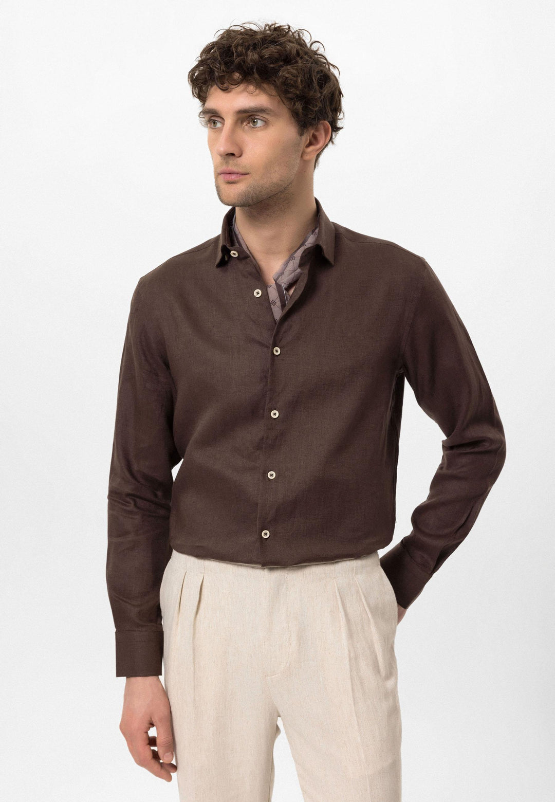 Chemise Homme Marron Foncé Col Boutonné 100% Lin - Wessi