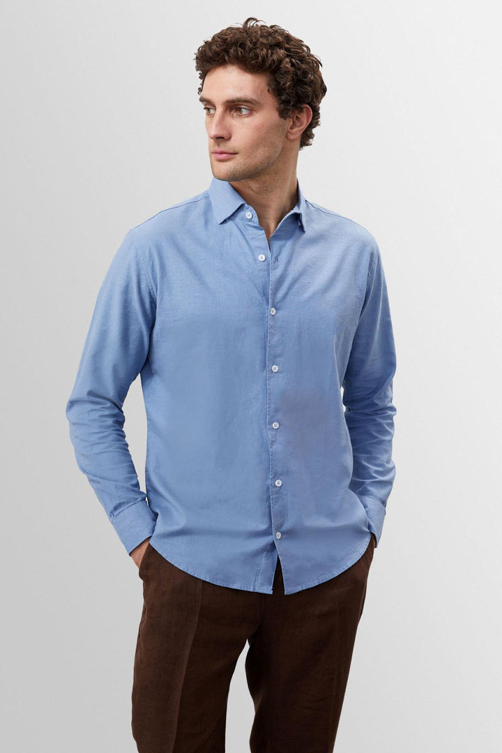 Chemise Homme Bleu Foncé Col Boutonné 100% Lin - Wessi