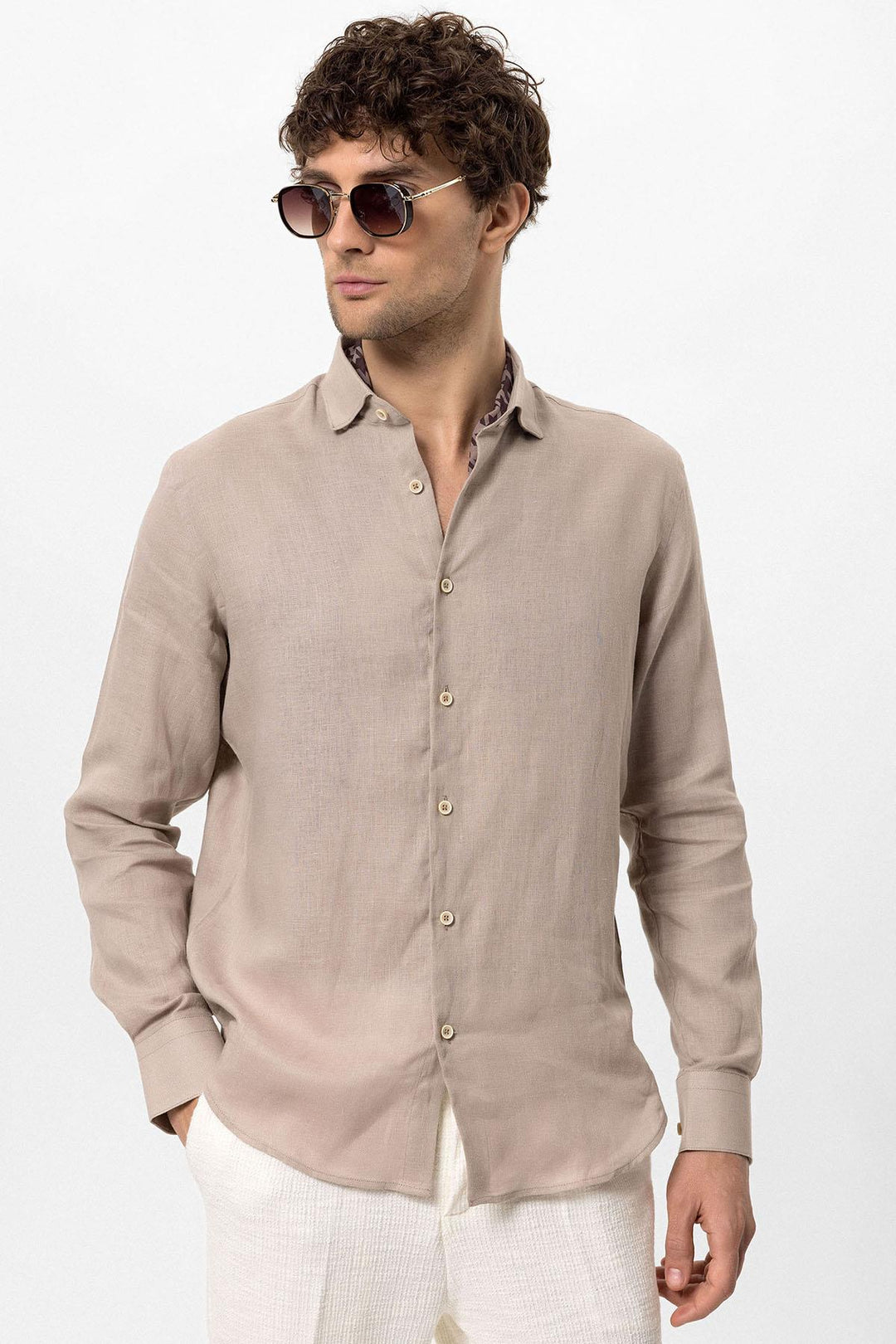 Men's Beige Collar Button Detailed 100% Linen  Shirt - Wessi