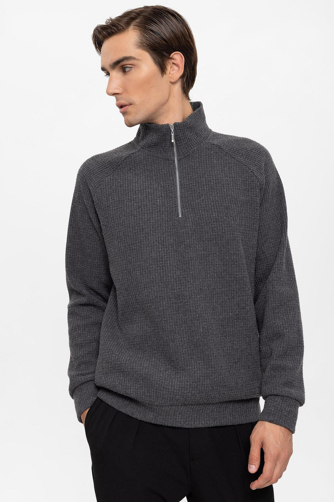 Pull Gris Col Montant Demi-Zip Pour Homme - Wessi