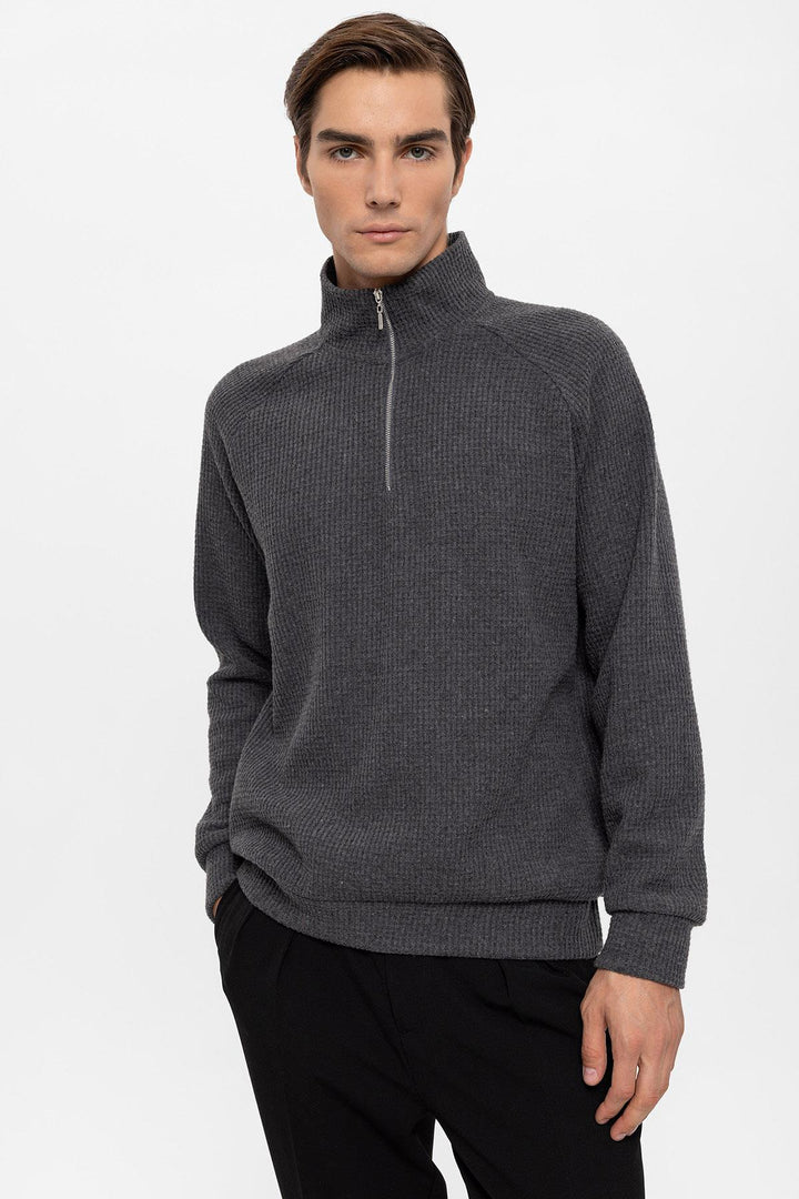 Pull Gris Col Montant Demi-Zip Pour Homme - Wessi