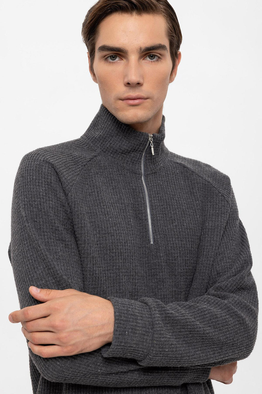 Pull Gris Col Montant Demi-Zip Pour Homme - Wessi