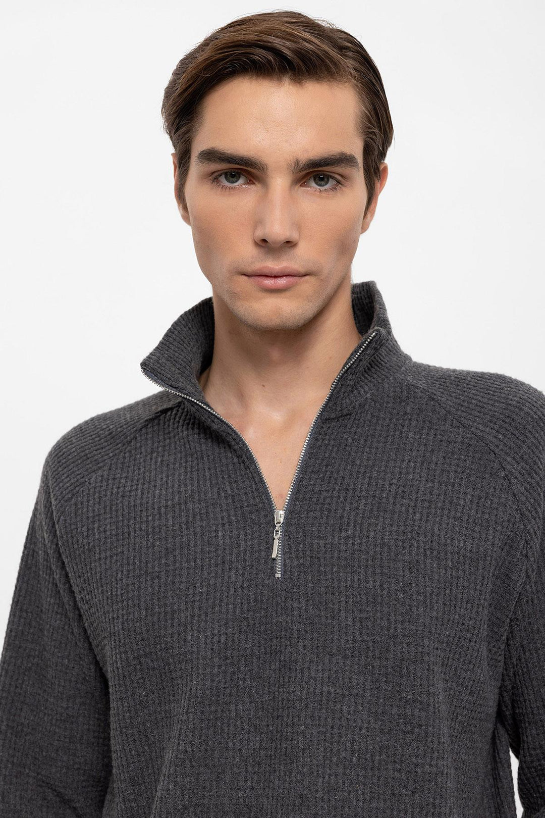 Pull Gris Col Montant Demi-Zip Pour Homme - Wessi