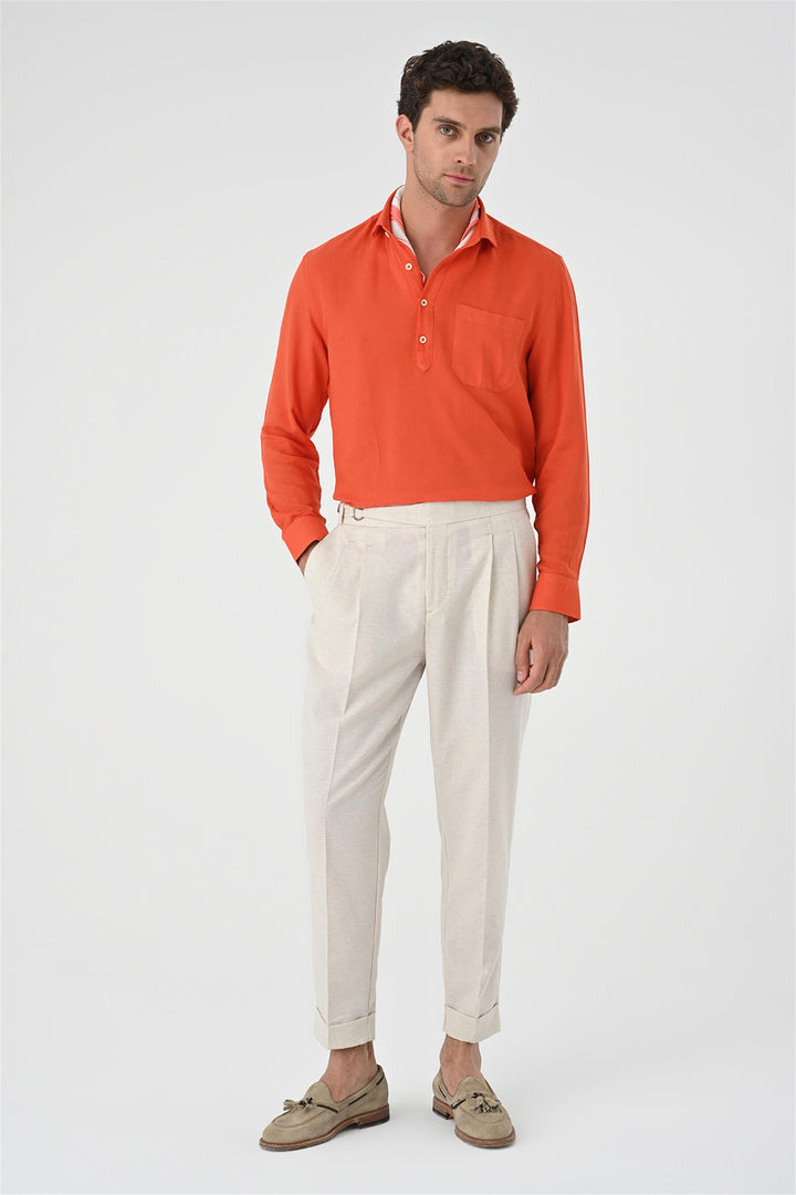 Men's Orange Half Pat Button Closure Long Sleeve  Shirt - Wessi