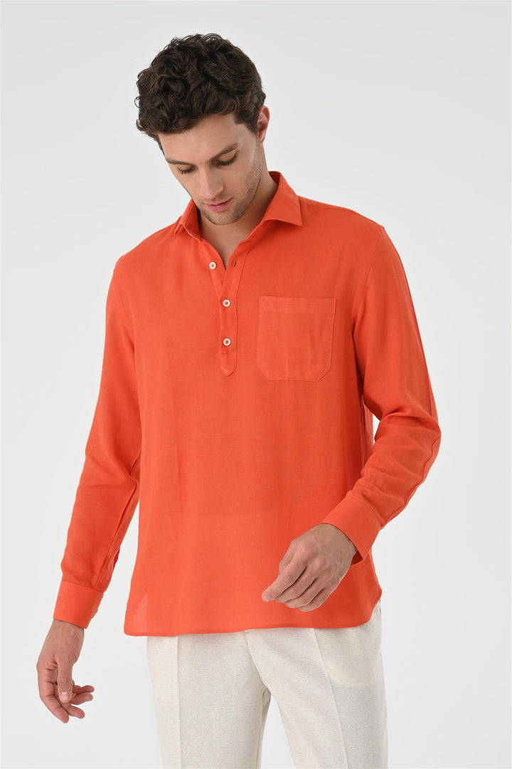 Men's Orange Half Pat Button Closure Long Sleeve  Shirt - Wessi