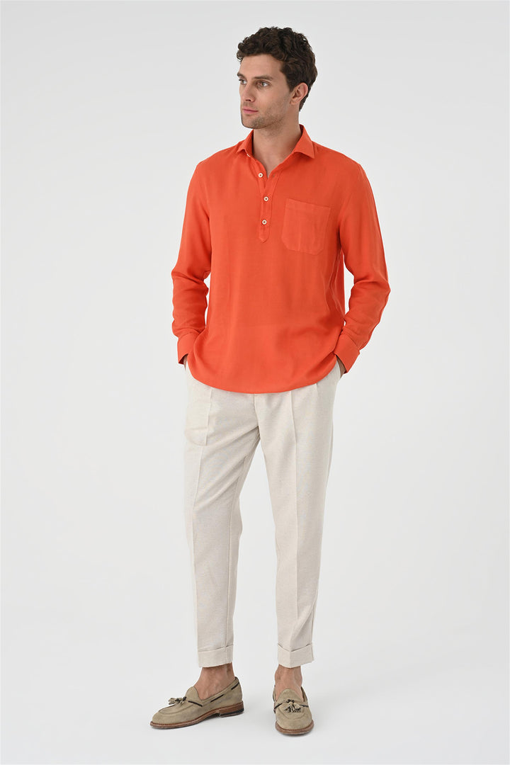 Men's Orange Half Pat Button Closure Long Sleeve  Shirt - Wessi