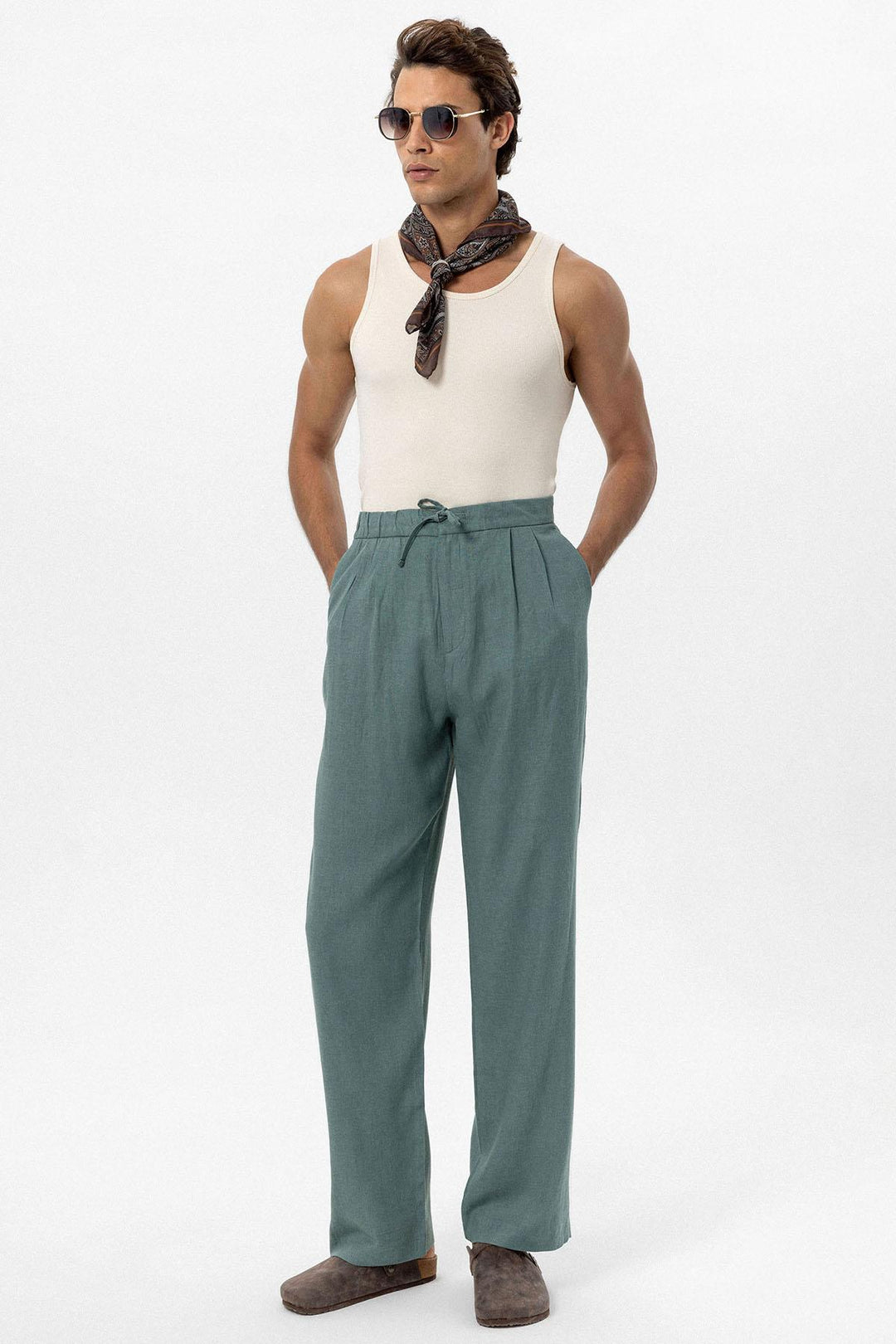 Men's Green Belted Linen Blend Pants - Wessi