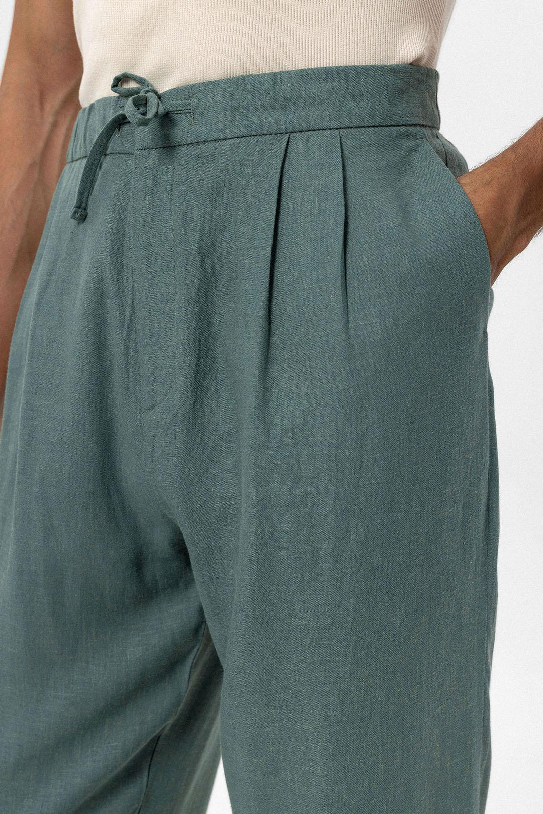 Men's Green Belted Linen Blend Pants - Wessi