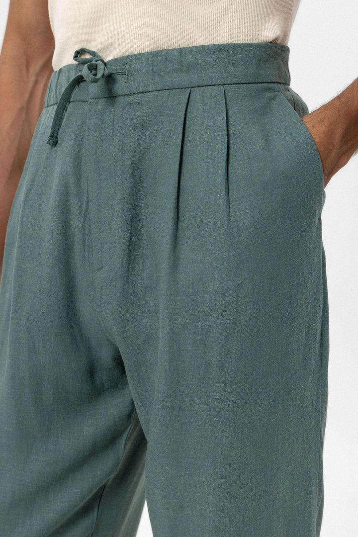 Men's Green Belted Linen Blend Pants - Wessi