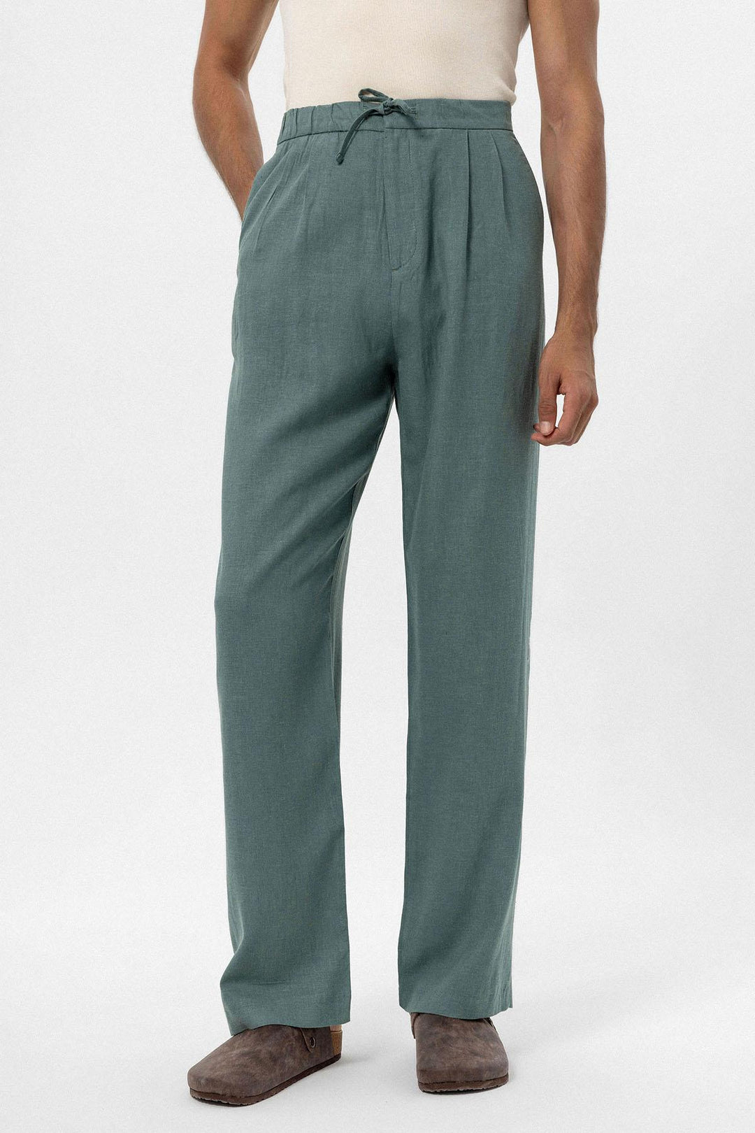 Men's Green Belted Linen Blend Pants - Wessi