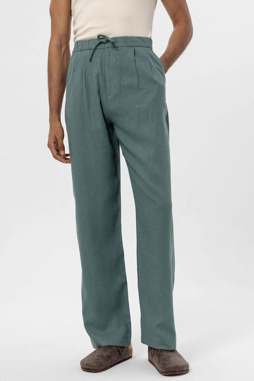 Men's Green Belted Linen Blend Pants - Wessi