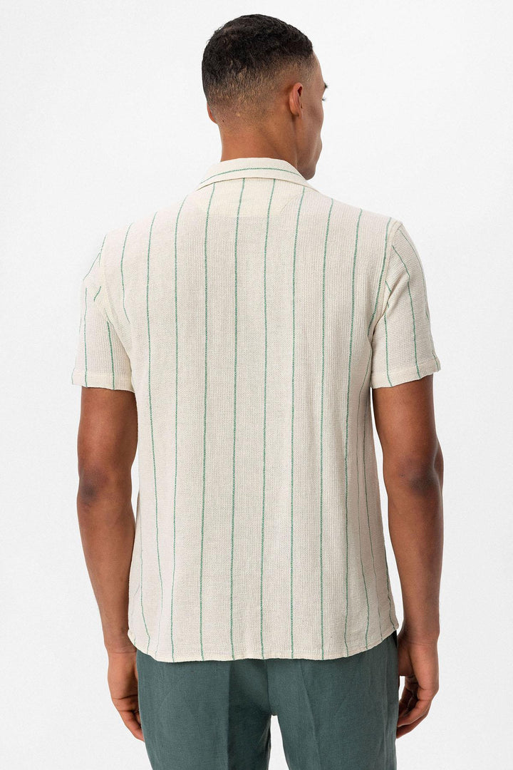 Chemise en lin à manches courtes et col camp rayé vert pour hommes - Wessi