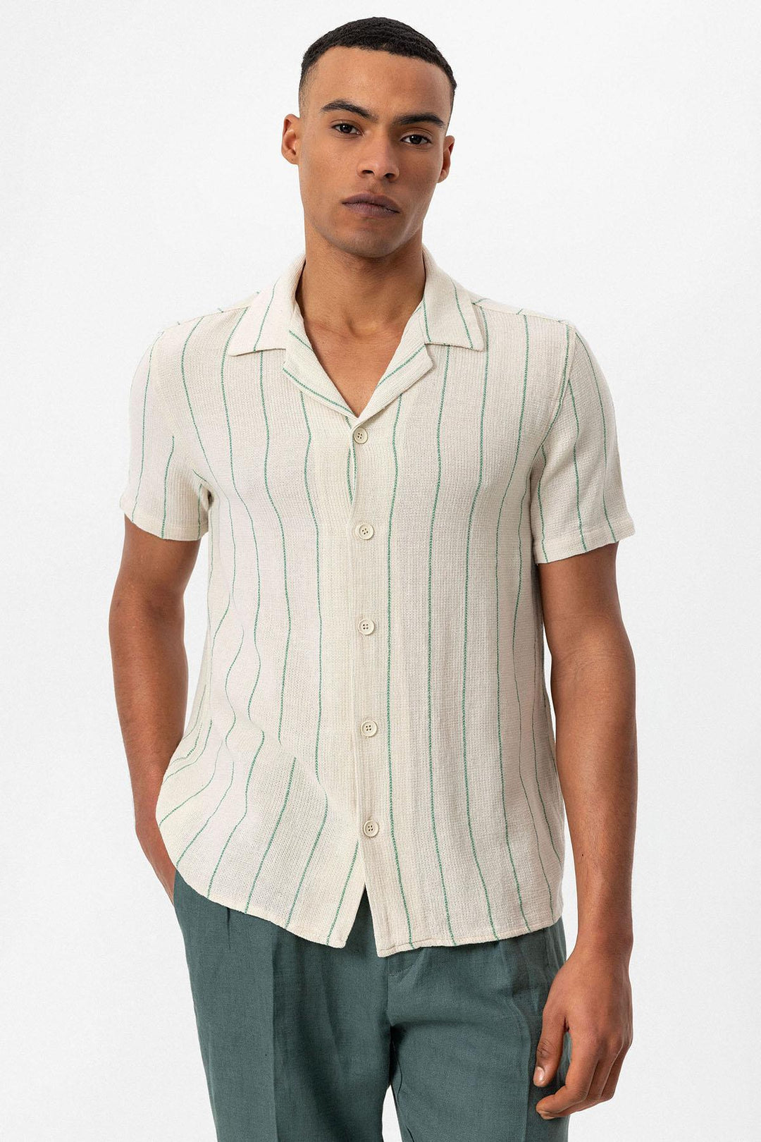 Chemise en lin à manches courtes et col camp rayé vert pour hommes - Wessi