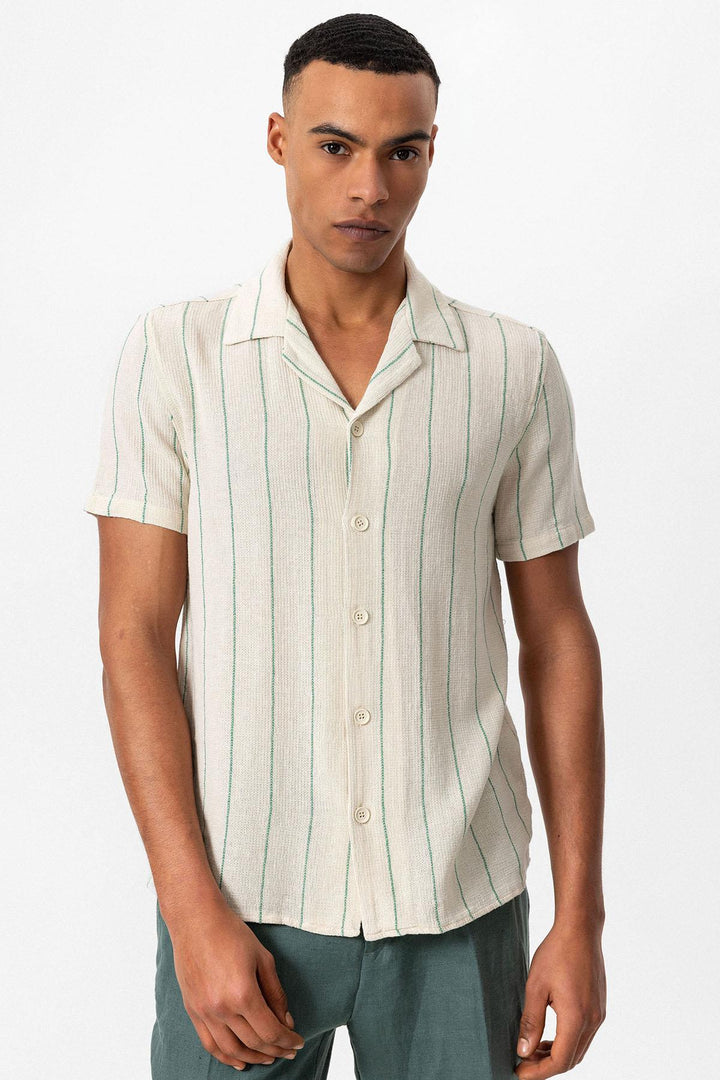 Chemise en lin à manches courtes et col camp rayé vert pour hommes - Wessi