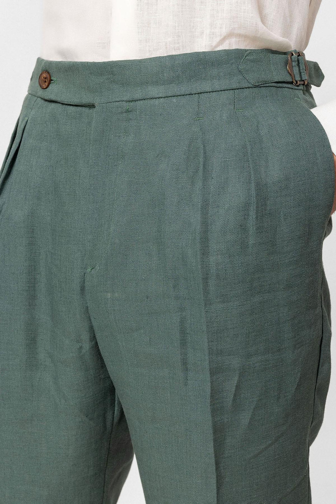 Men's Green High-Waist 100% Linen Pleated Pants - Wessi