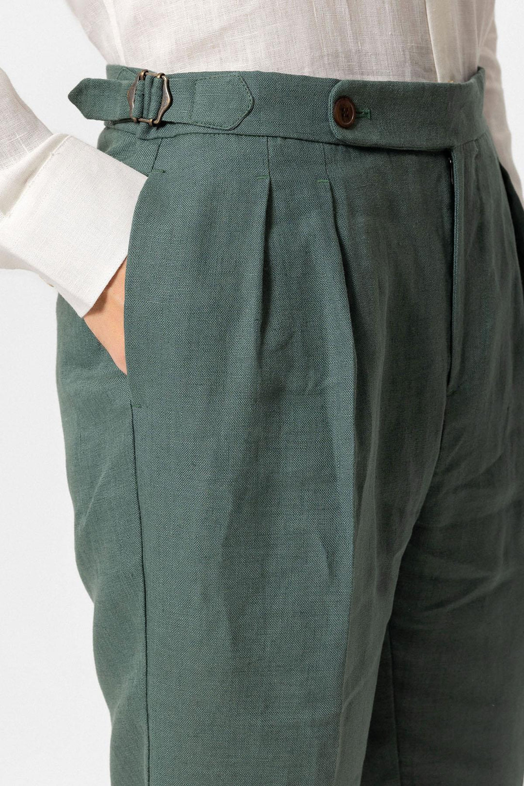 Men's Green High-Waist 100% Linen Pleated Pants - Wessi