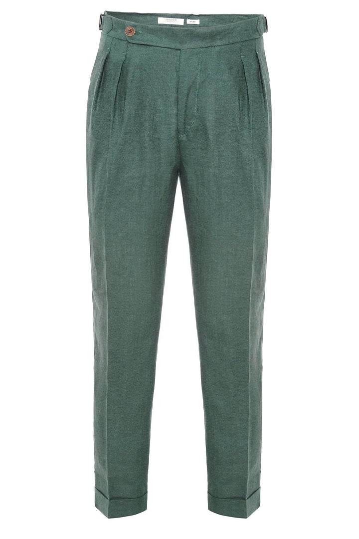 Men's Green High-Waist 100% Linen Pleated Pants - Wessi