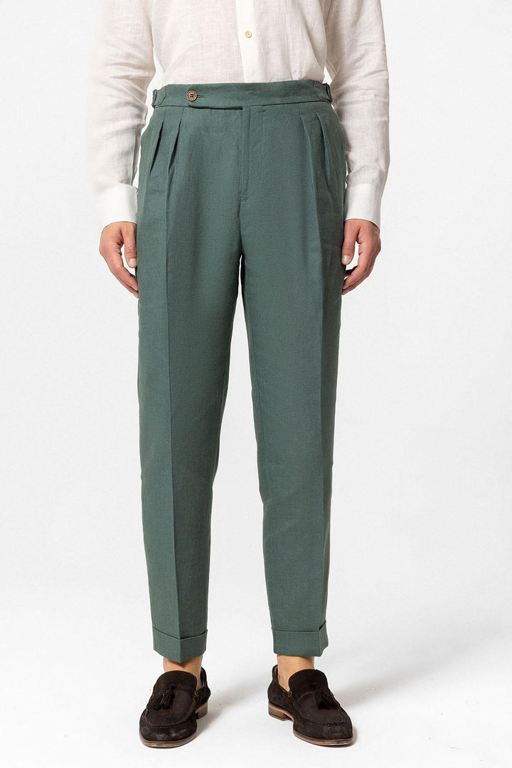 Men's Green High-Waist 100% Linen Pleated Pants - Wessi