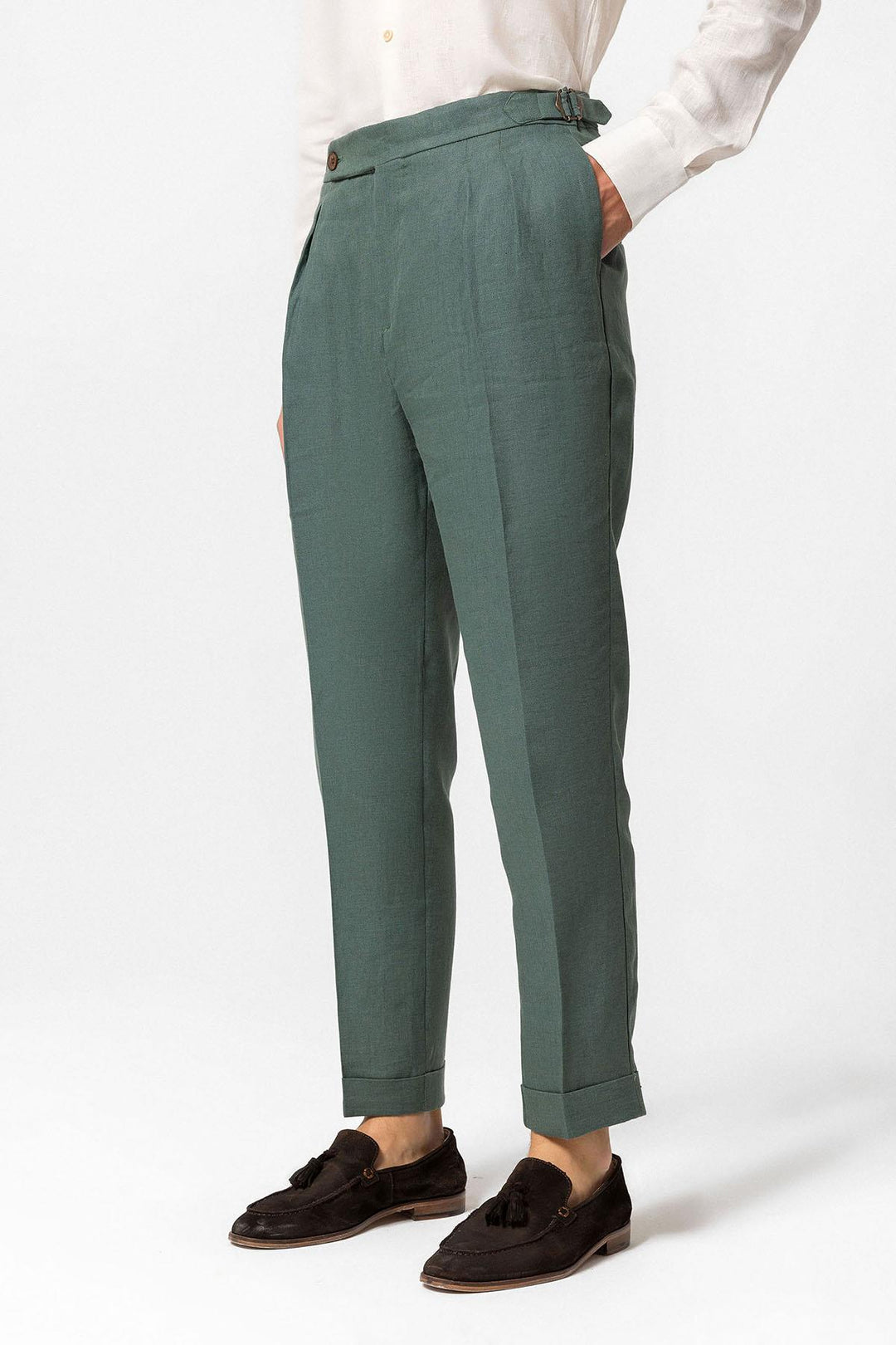 Men's Green High-Waist 100% Linen Pleated Pants - Wessi