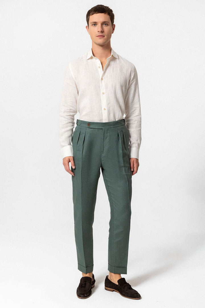 Men's Green High-Waist 100% Linen Pleated Pants - Wessi