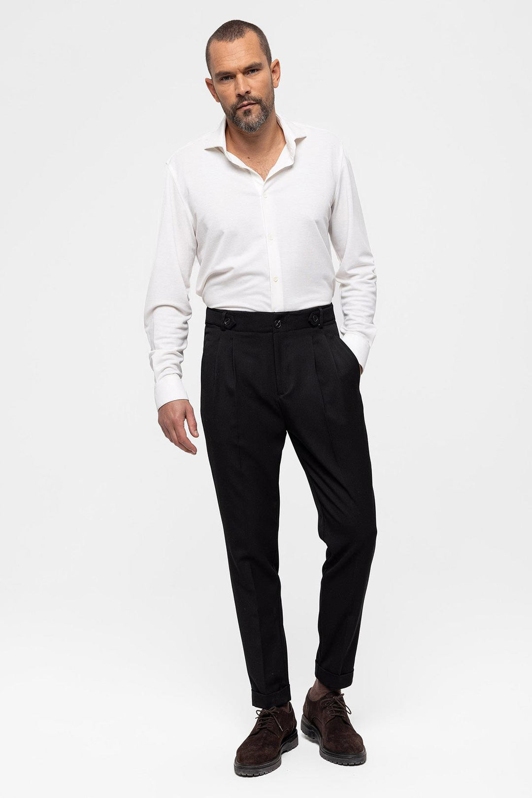 Pantalon Homme Noir Taille Haute (Boyfriend) En Tissu Plissé - Wessi