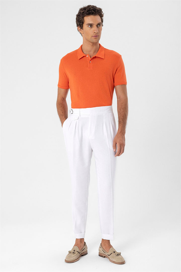 Men's White High Waist (Boyfriend) Pleated Fabric Trousers With Buckle Belt - Wessi