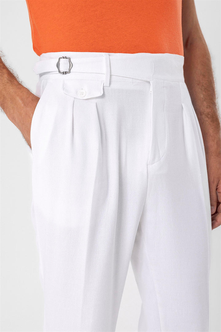 Men's White High Waist (Boyfriend) Pleated Fabric Trousers With Buckle Belt - Wessi