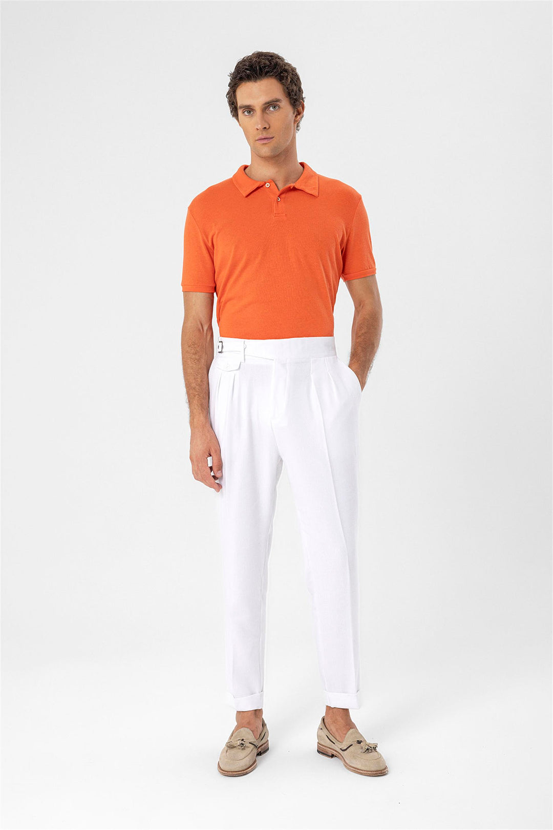 Men's White High Waist (Boyfriend) Pleated Fabric Trousers With Buckle Belt - Wessi