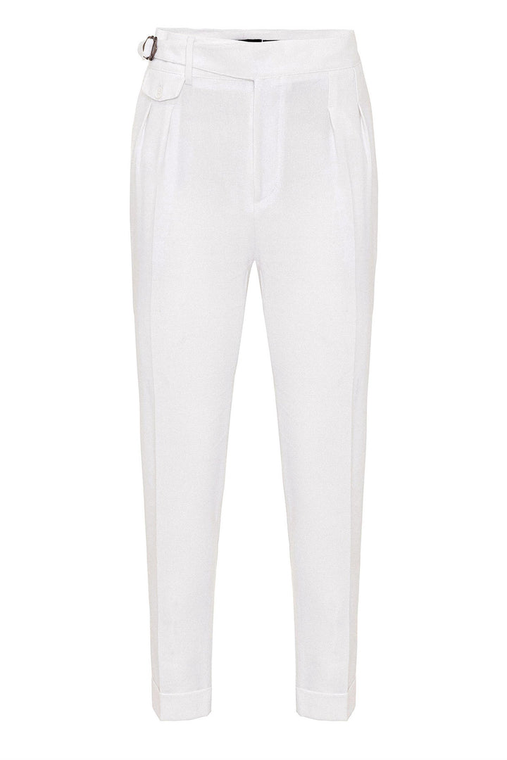 Men's White High Waist (Boyfriend) Pleated Fabric Trousers With Buckle Belt - Wessi