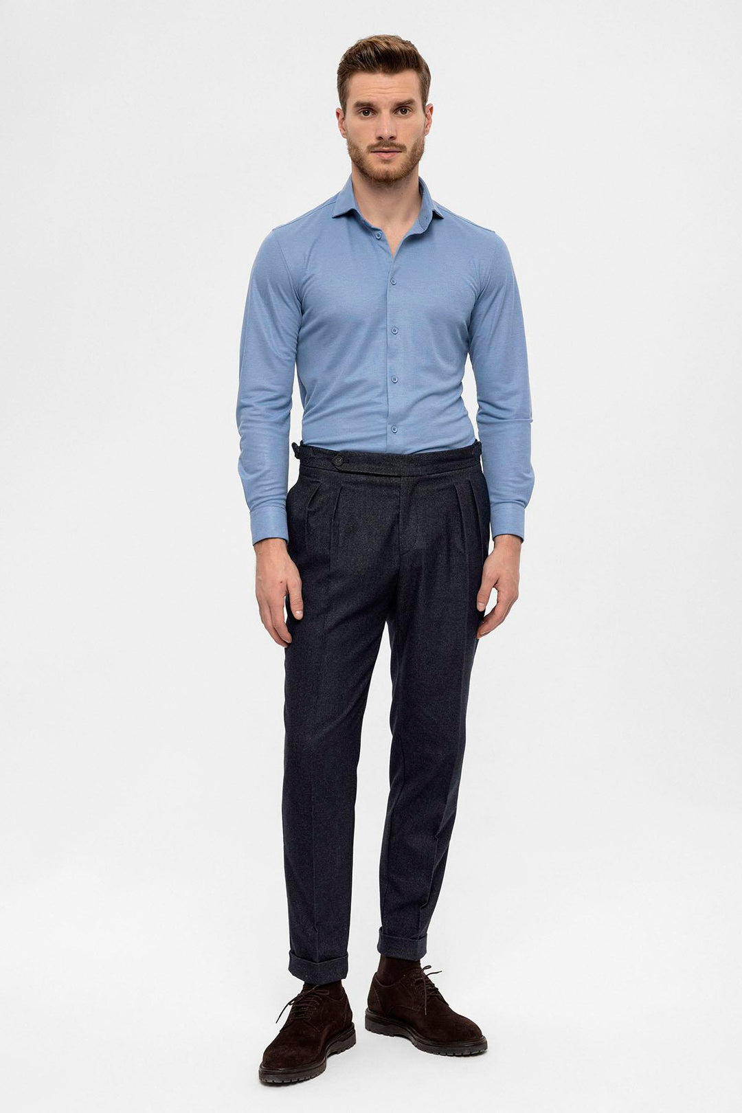 Pantalon Homme Bleu Marine Taille Haute Double Plissé - Wessi