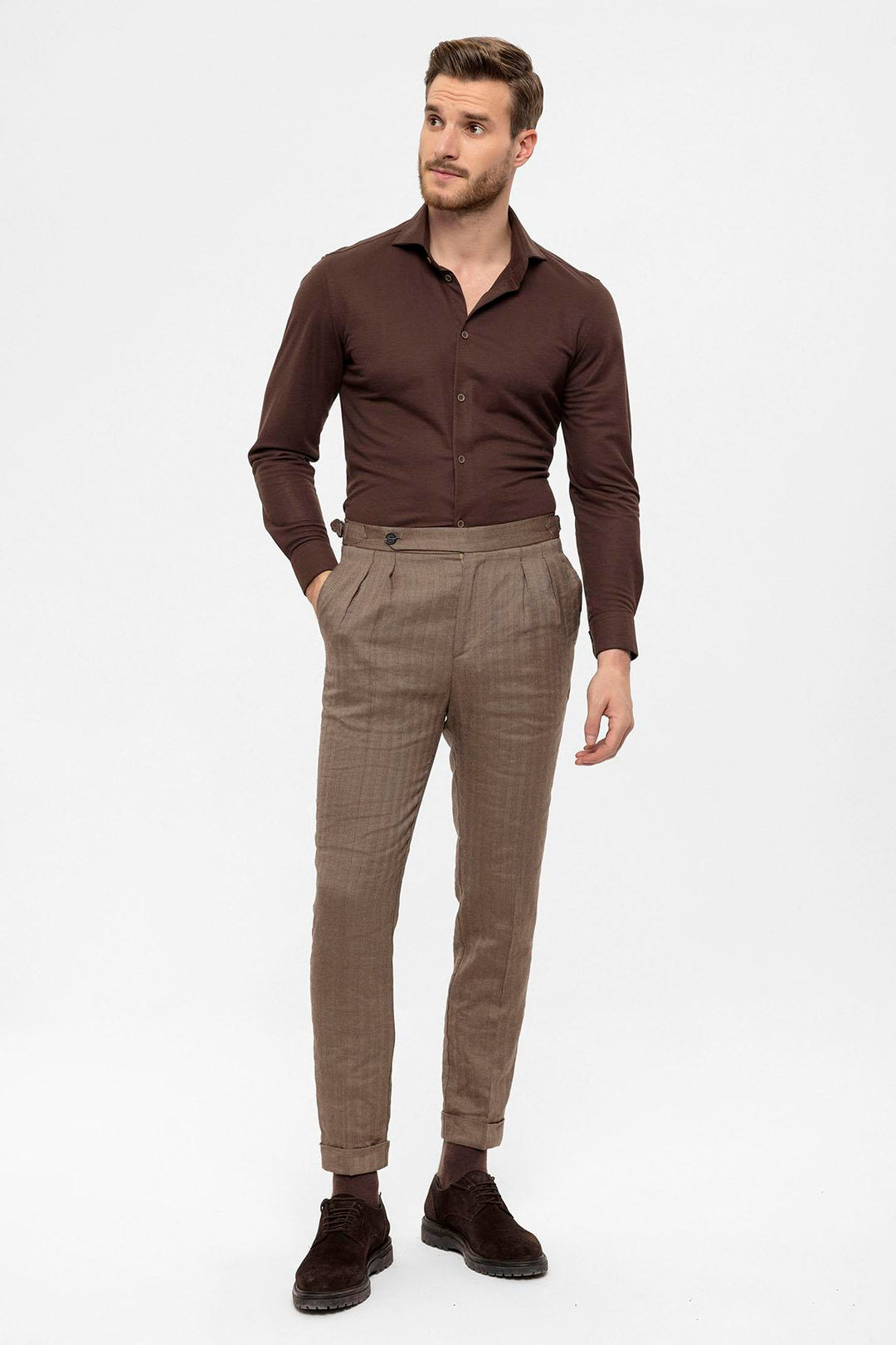 Pantalon Homme Camel Taille Haute Double Plissé - Wessi