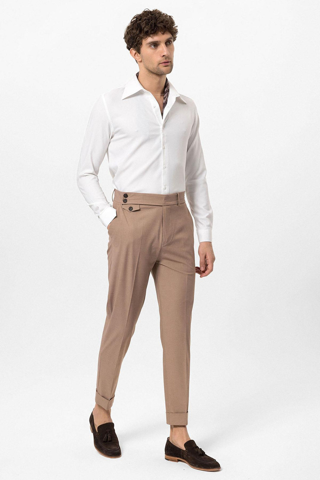 Men's Camel High Waist Button Closure  Trousers - Wessi