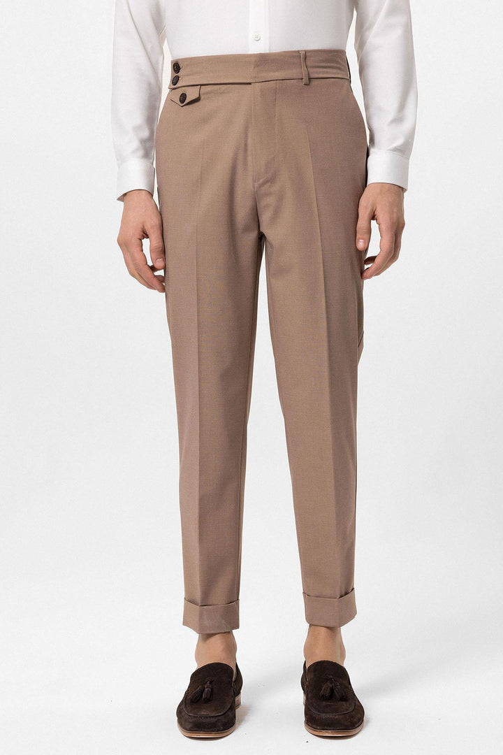 Men's Camel High Waist Button Closure  Trousers - Wessi