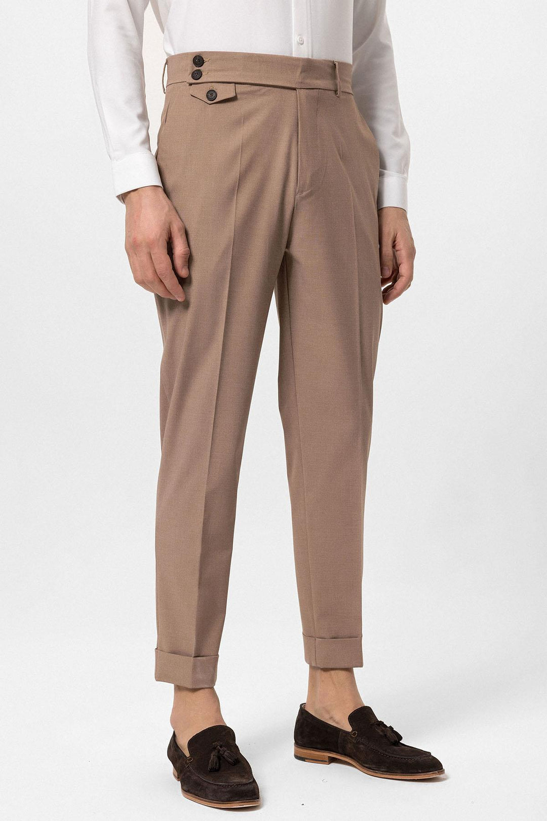 Men's Camel High Waist Button Closure  Trousers - Wessi