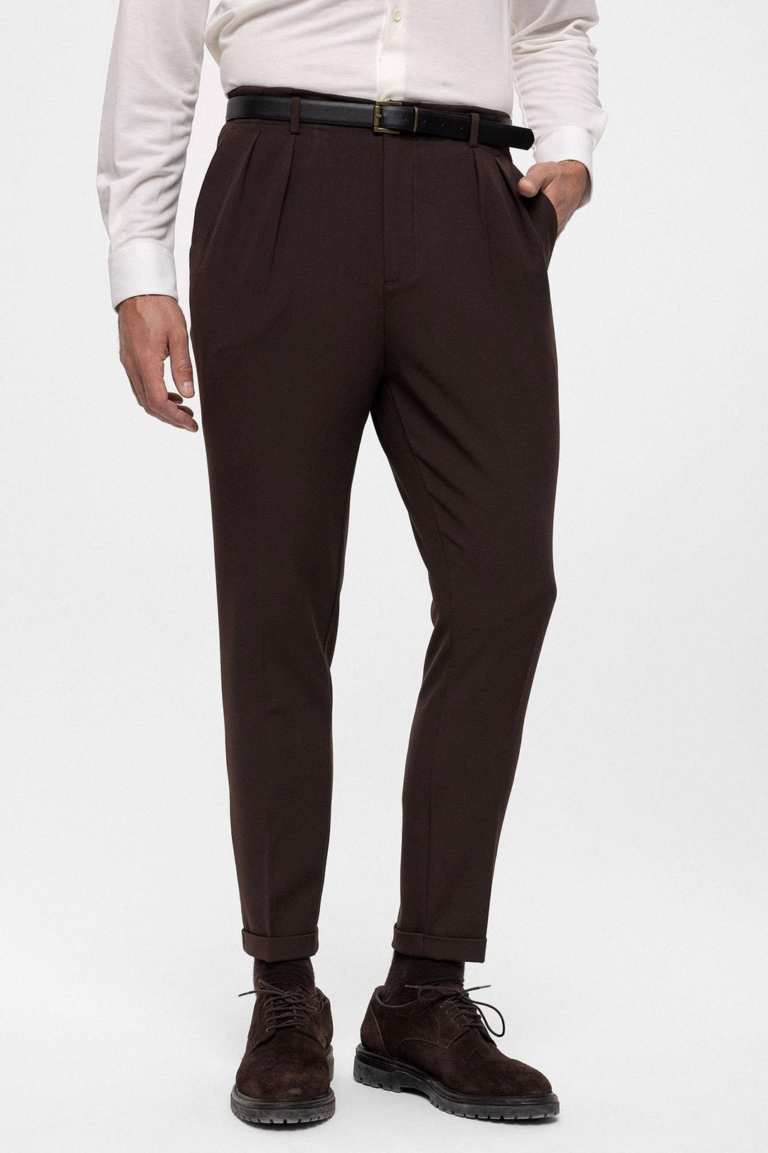 Pantalon Homme Marron Foncé Taille Haute Ceinturé - Wessi